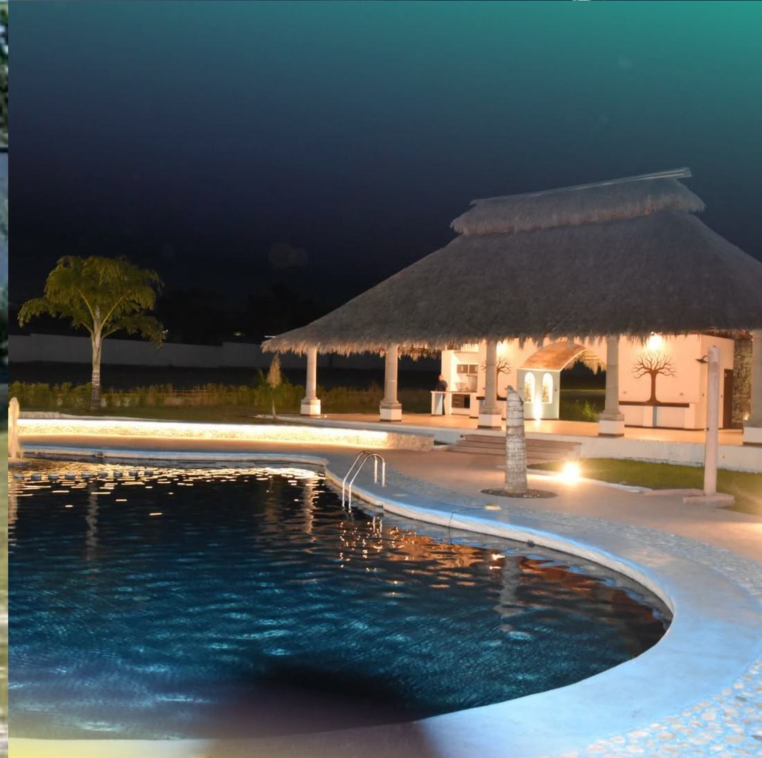 Alberca y palapa de noche en Campestre Carrizales