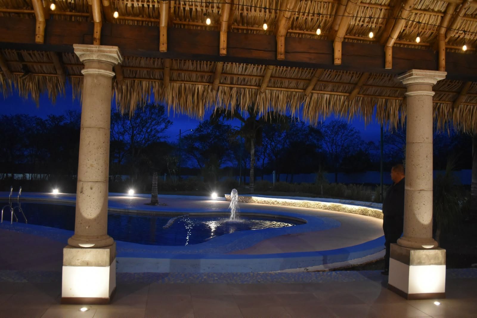Alberca con fuente iluminada de noche bajo la palapa