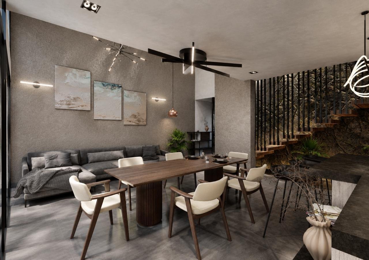Render de interior, sala y comedor de proyecto arquitectónico